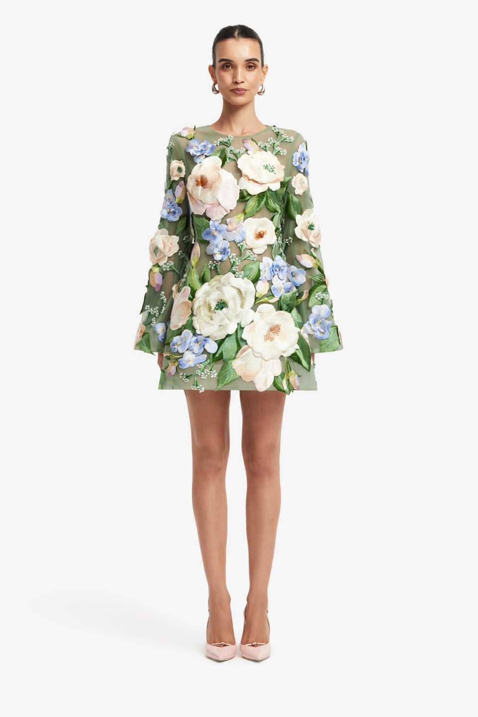 Exclusive LEO LIN Suzanne Floral Hand-Embroidered Bell Sleeve Mini Dress - Blossom