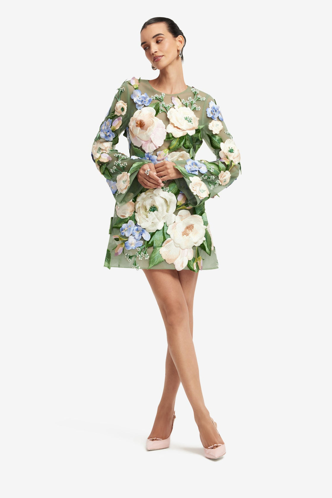 Suzanne Floral Hand-Embroidered Bell Sleeve Mini Dress - Blossom Dress Mini