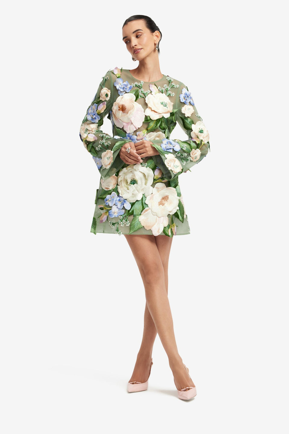 Exclusive LEO LIN Suzanne Floral Hand-Embroidered Bell Sleeve Mini Dress - Blossom