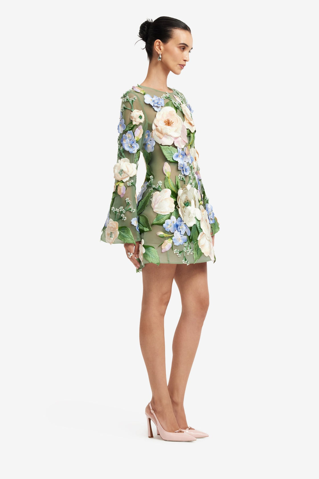 Suzanne Floral Hand-Embroidered Bell Sleeve Mini Dress - Blossom Dress Mini