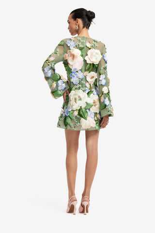 Suzanne Floral Hand-Embroidered Bell Sleeve Mini Dress - Blossom Dress Mini