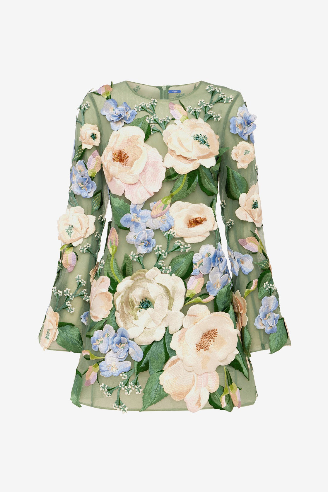 Suzanne Floral Hand-Embroidered Bell Sleeve Mini Dress - Blossom Dress Mini