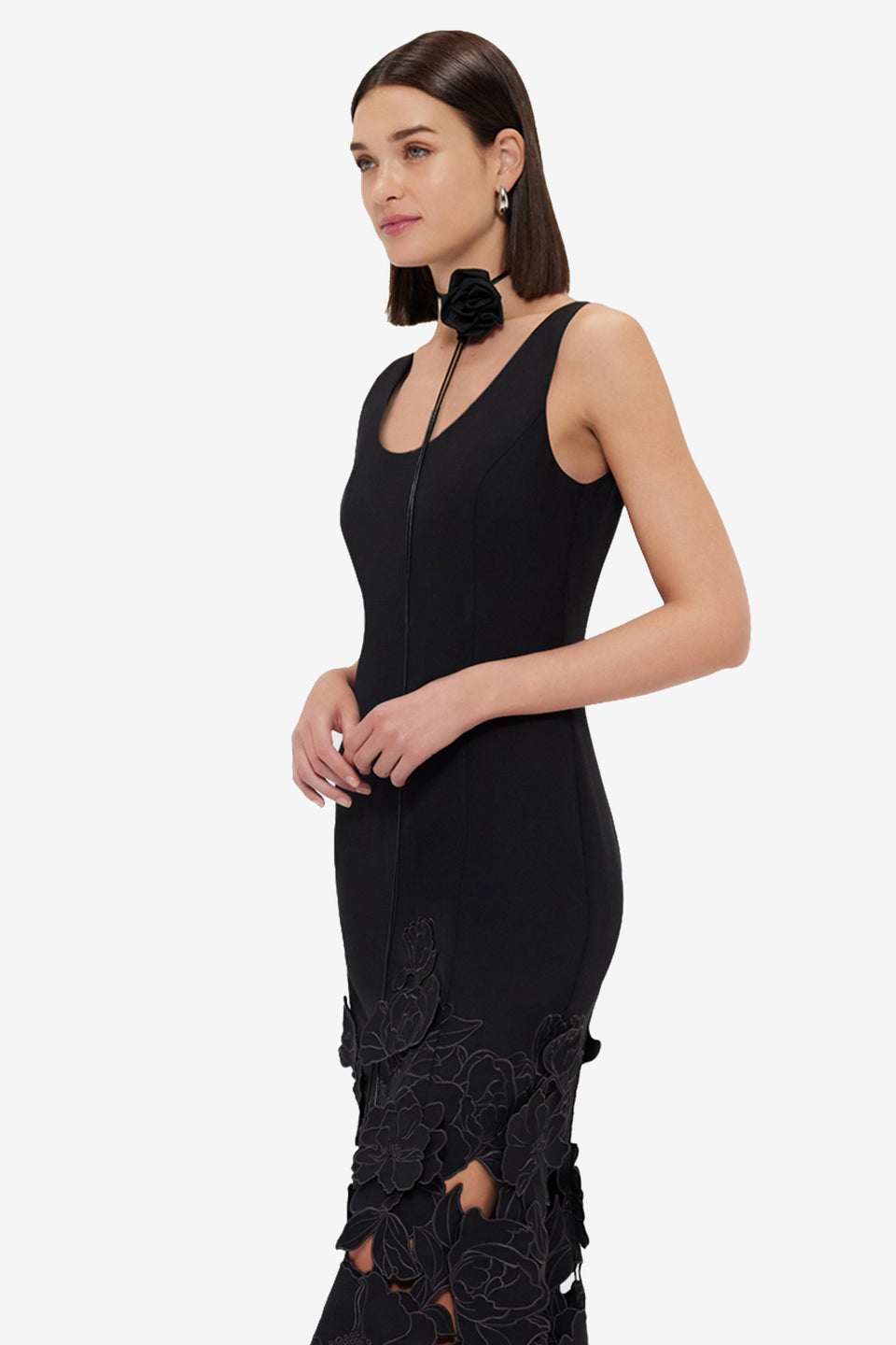 Exclusive LEO LIN Emily Appliqué Midi Dress - Ebony