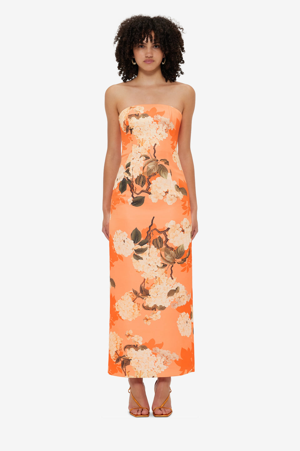 Exclusive LEO LIN Rayna Bustier Maxi Dress - Hydrangea Print in Tangerine