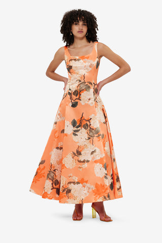 Exclusive Leo Lin Charlotte Maxi Dress - Hydrangea Print in Tangerine