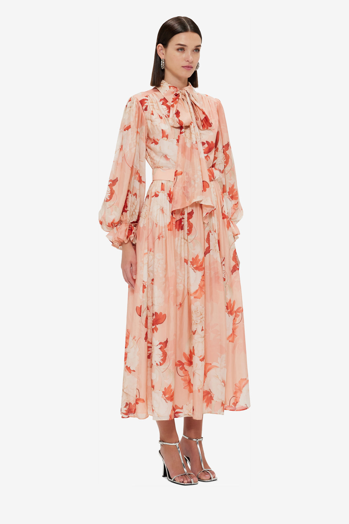 Exclusive Leo Lin Cassie Tie Neck Midi Dress - Peony Print