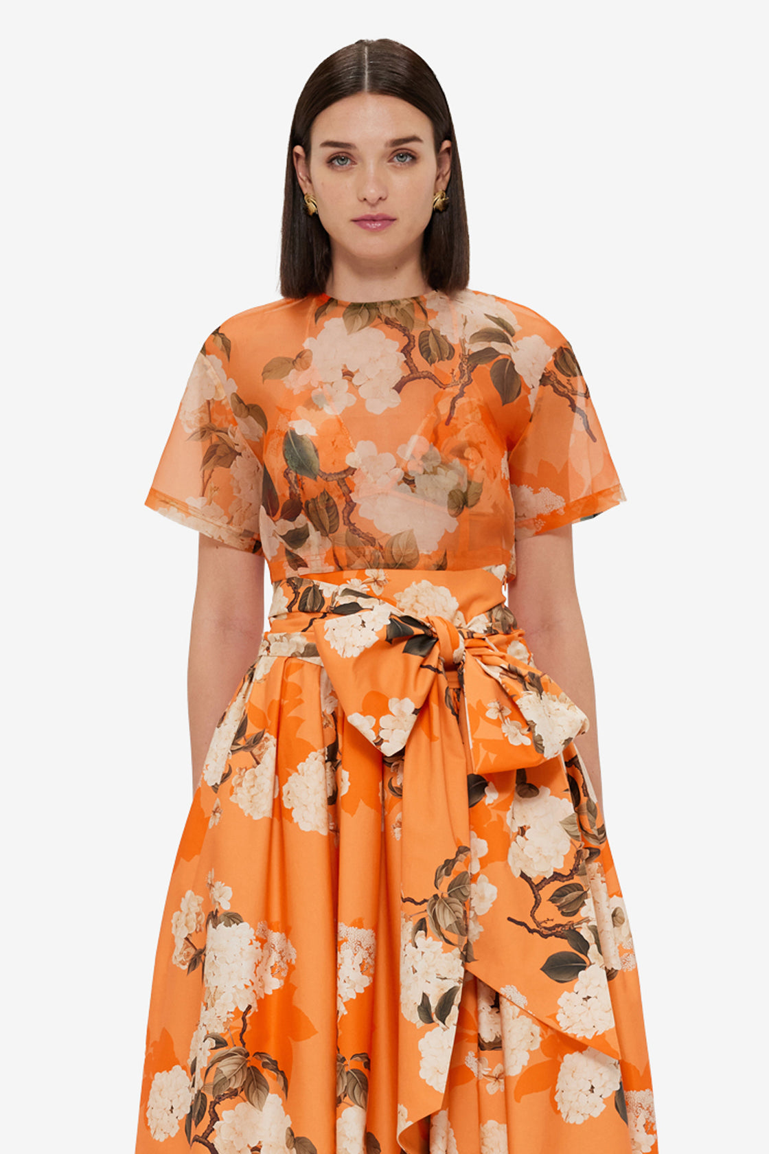 Exclusive LEO LIN Indie Sleeve Top - Hydrangea Print in Tangerine