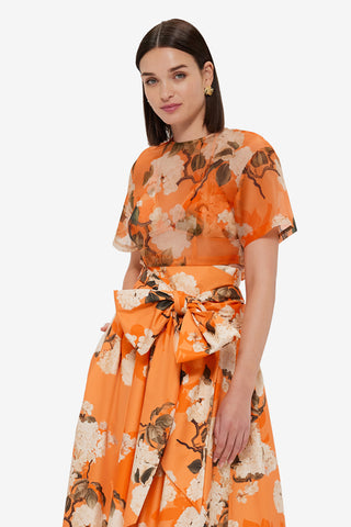 Exclusive LEO LIN Indie Sleeve Top - Hydrangea Print in Tangerine