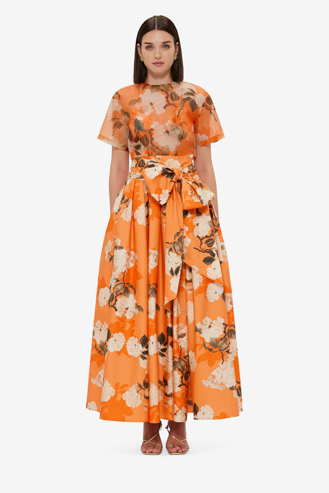 Exclusive LEO LIN Valerie Maxi Skirt - Hydrangea Print in Tangerine