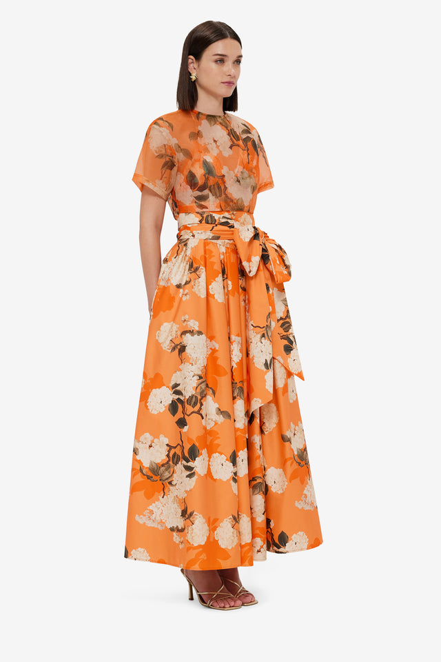 Exclusive LEO LIN Valerie Maxi Skirt - Hydrangea Print in Tangerine