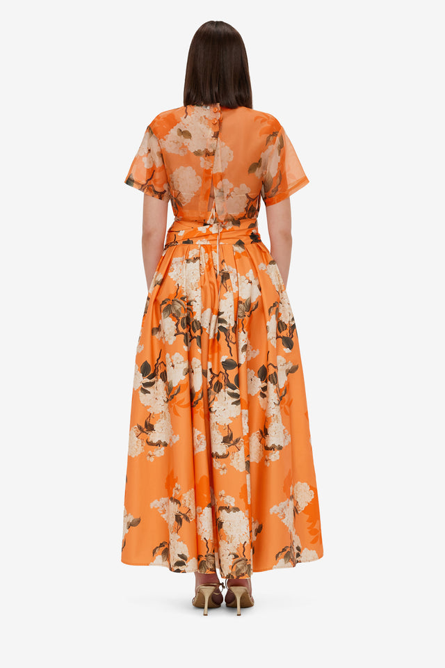 Exclusive LEO LIN Valerie Maxi Skirt - Hydrangea Print in Tangerine