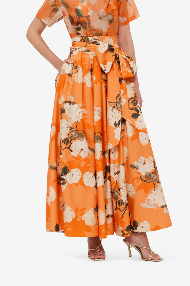 Exclusive LEO LIN Valerie Maxi Skirt - Hydrangea Print in Tangerine