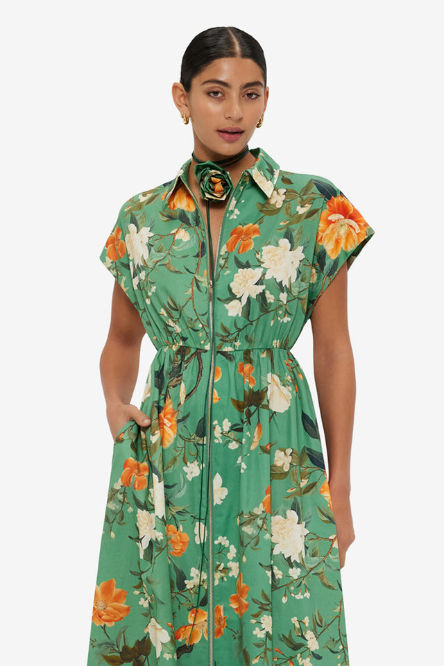 Exclusive LEO LIN Anita Pocket Shirt Midi Dress Camelia Print