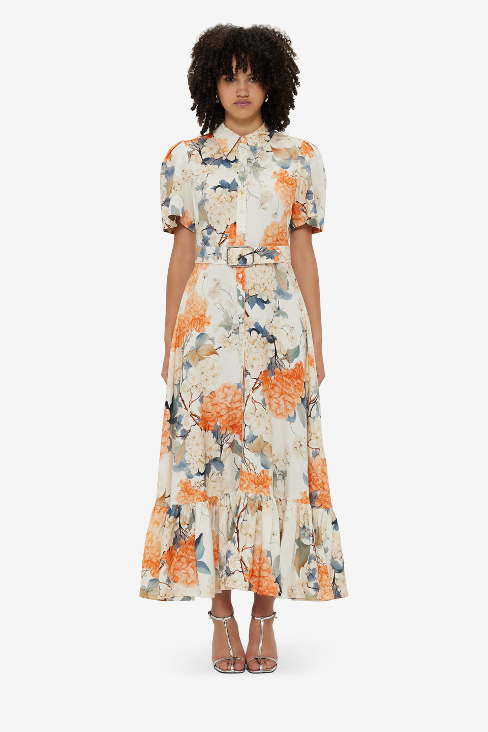 Exclusive Leo Lin Becca Short Sleeve Midi Dress - Hydrangea Print in Vanilla