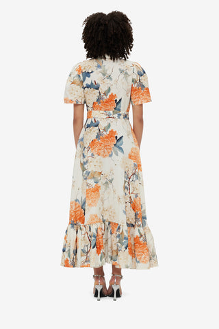 Exclusive Leo Lin Becca Short Sleeve Midi Dress - Hydrangea Print in Vanilla