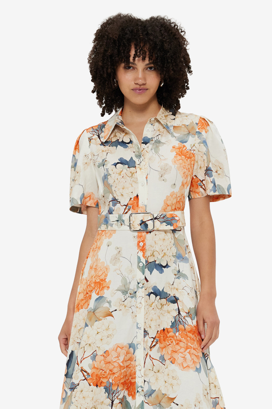 Exclusive Leo Lin Becca Short Sleeve Midi Dress - Hydrangea Print in Vanilla