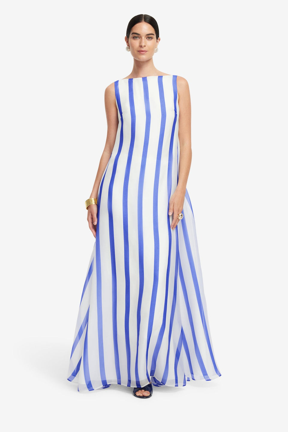 Exclusive LEO LIN Yumei Striped Open Back Gown - Navy