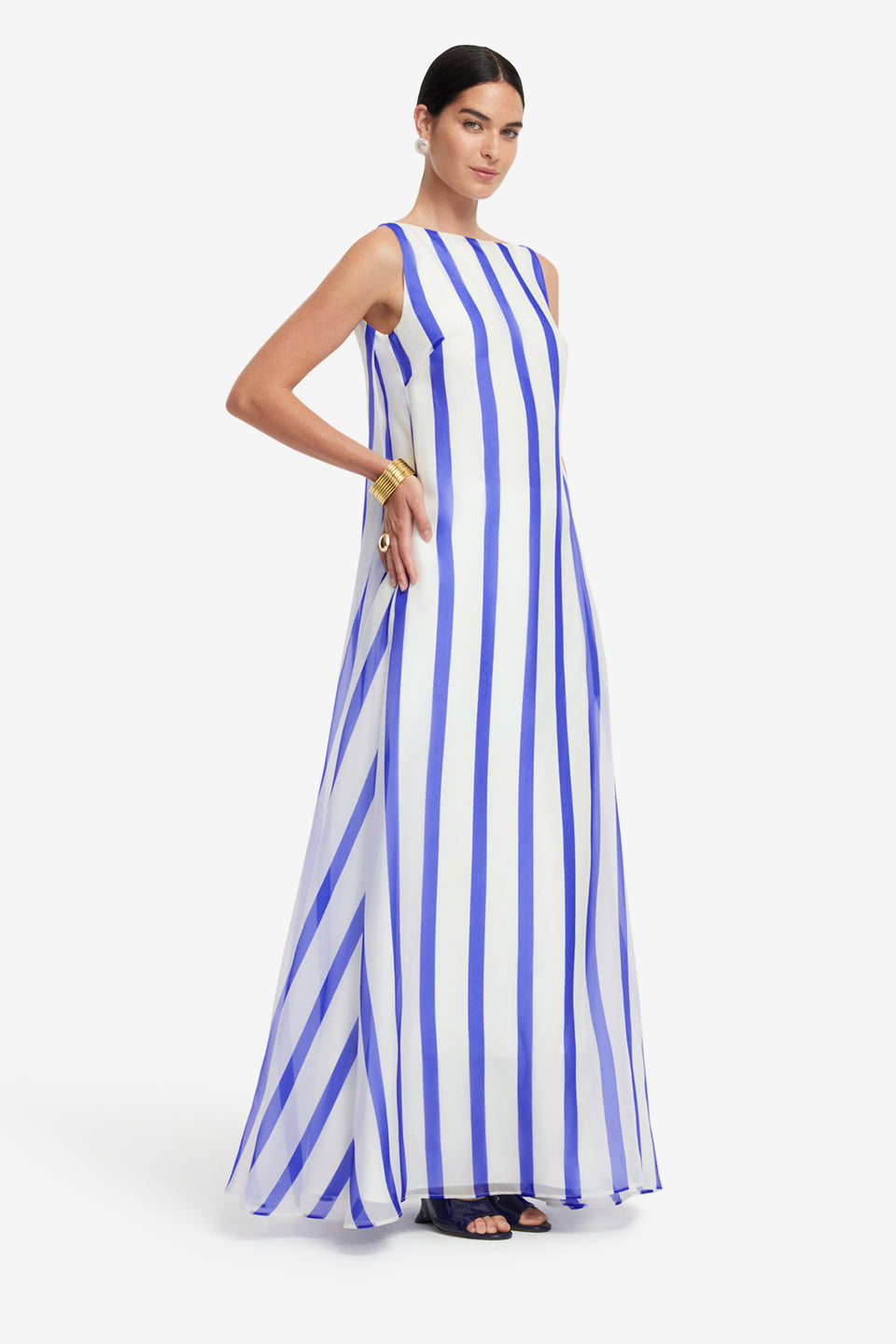 Exclusive LEO LIN Yumei Striped Open Back Gown - Navy