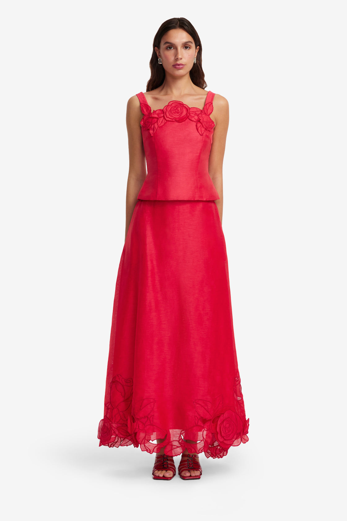 Exclusive LEO LIN Melissa Linen Appliqué Maxi Skirt - Scarlet