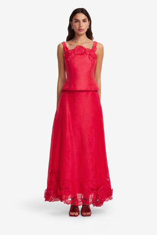 Exclusive LEO LIN Melissa Linen Appliqué Maxi Skirt - Scarlet
