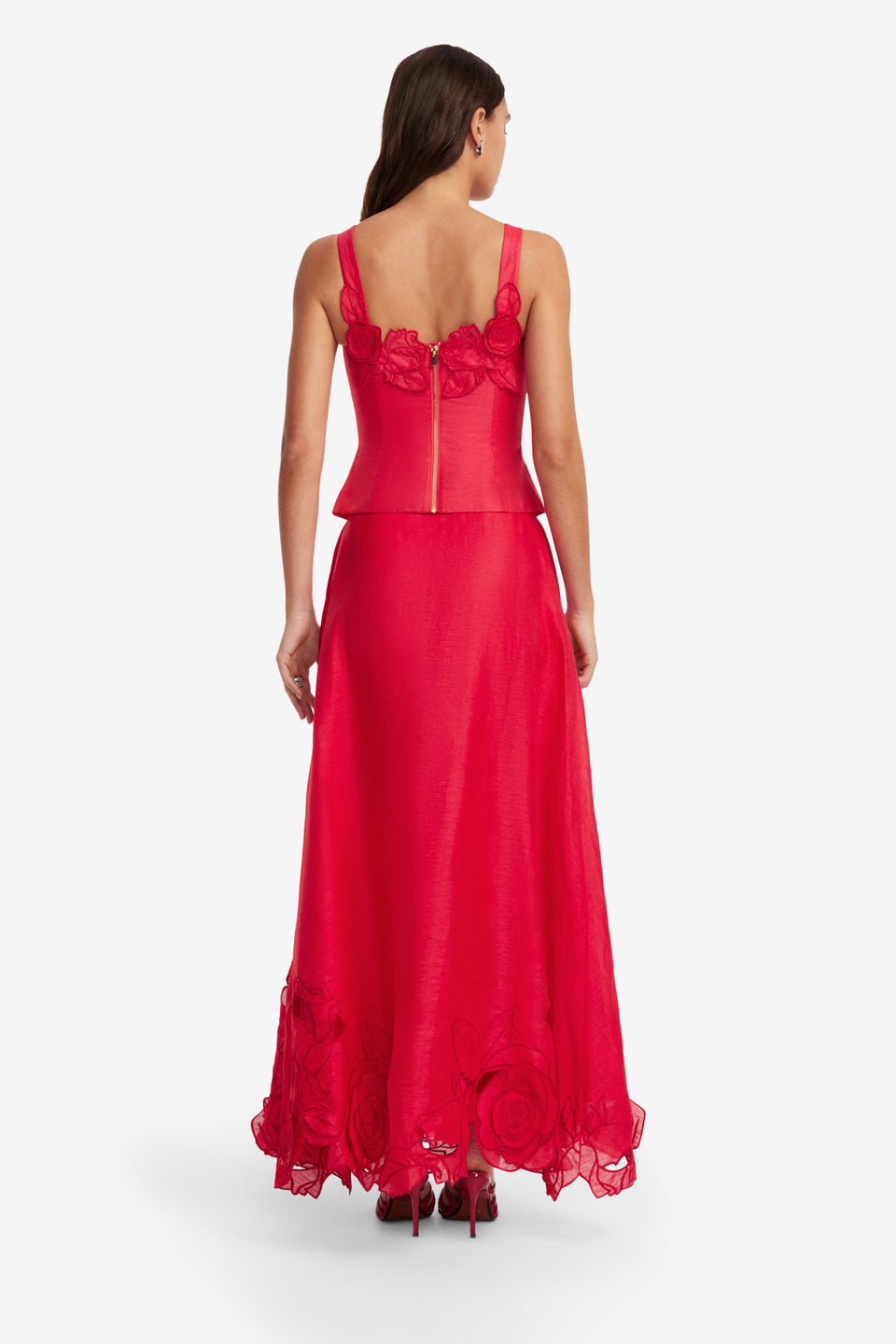 Exclusive LEO LIN Melissa Linen Appliqué Maxi Skirt - Scarlet