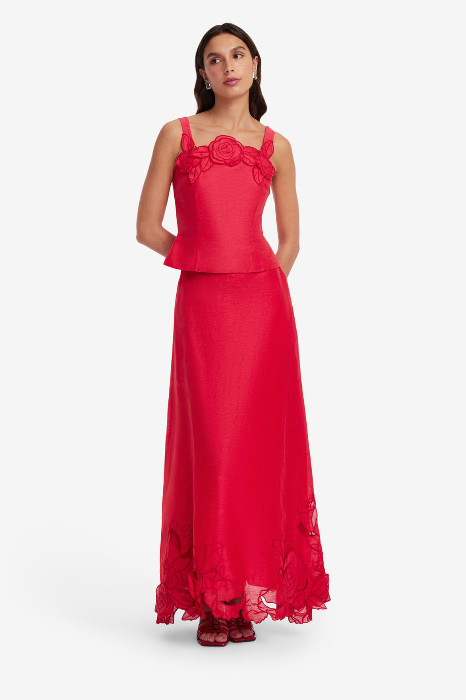 Exclusive LEO LIN Melissa Linen Appliqué Maxi Skirt - Scarlet