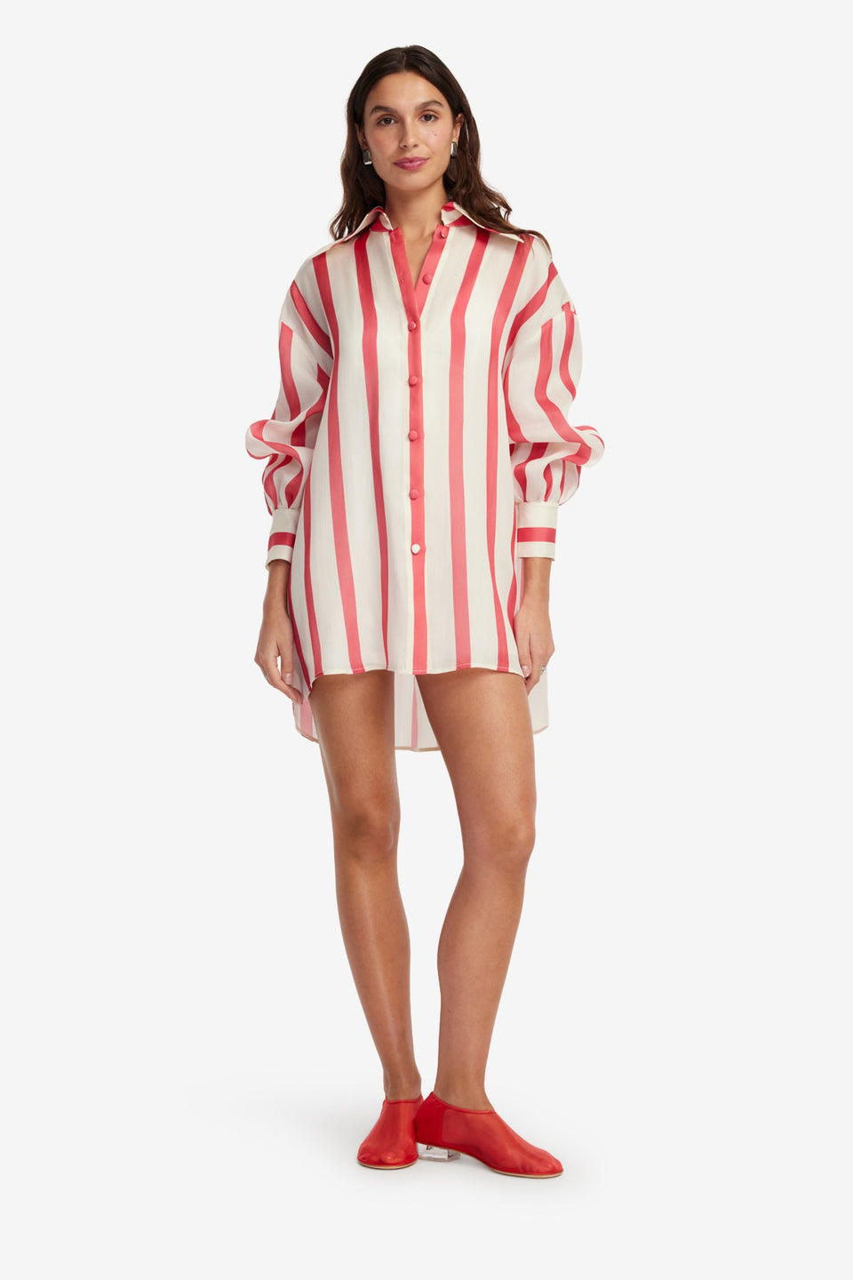 Exclusive LEO LIN Kathleen Striped Silk Blouse - Scarlet