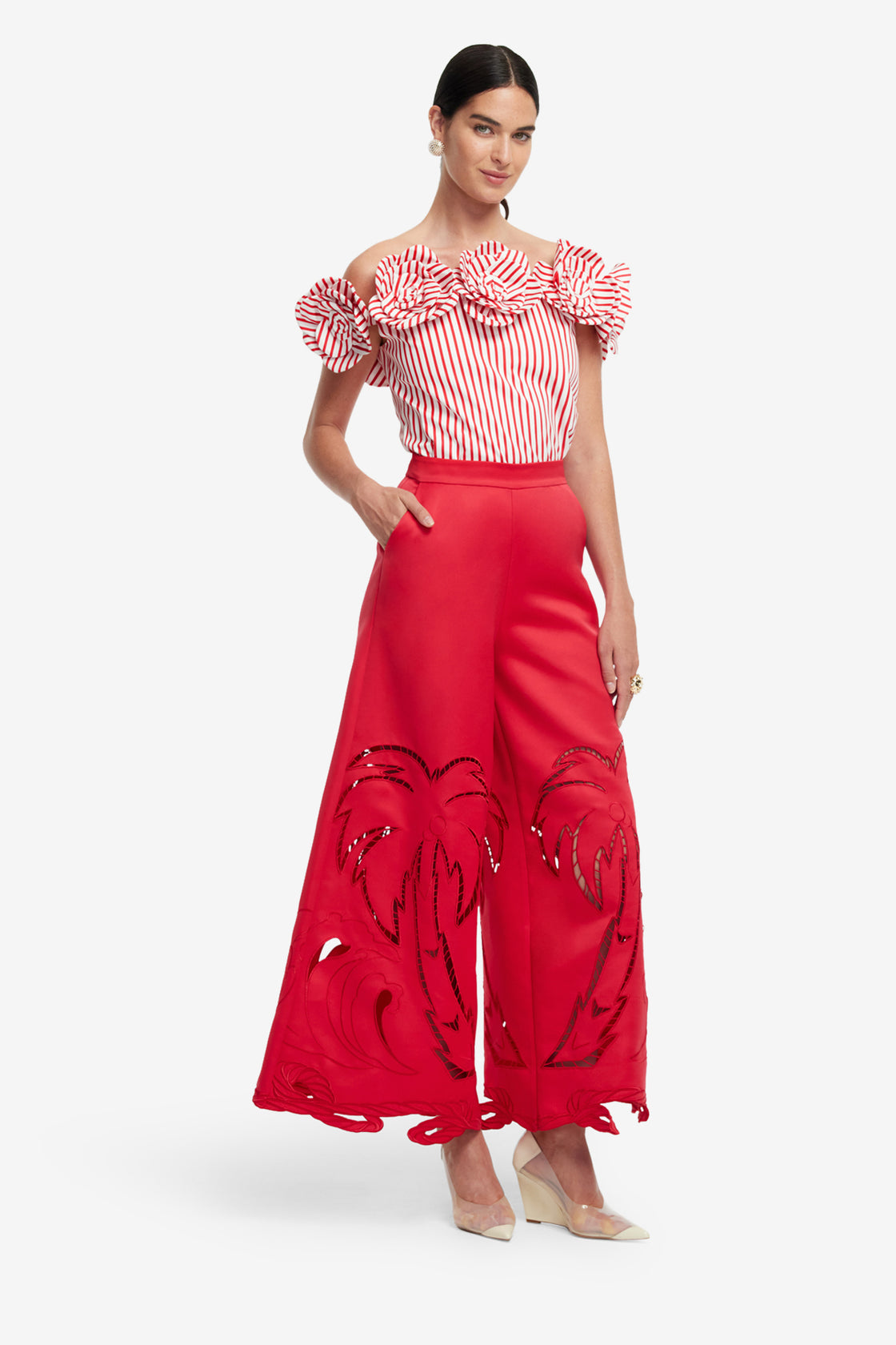 Exclusive LEO LIN McKayla Off-Shoulder Top - Stripes in Scarlet