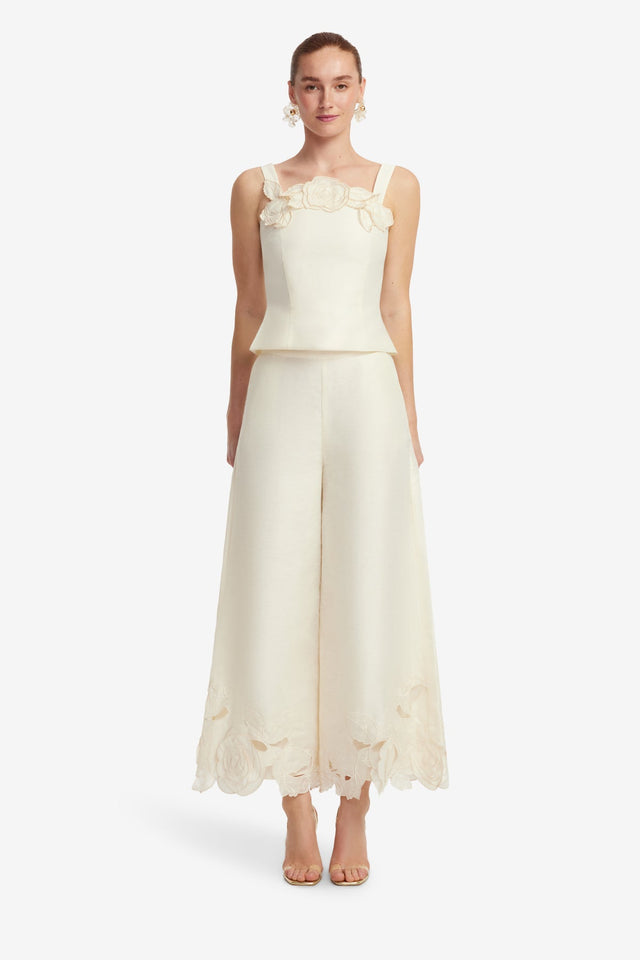 Exclusive LEO LIN Theodora Linen Applique Pants - Vanilla