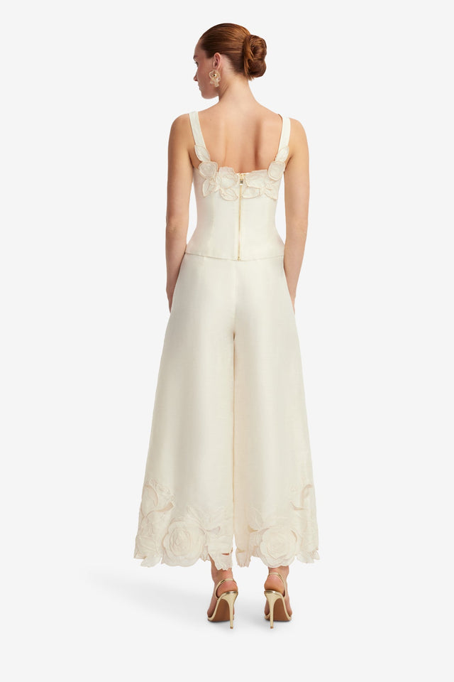 Exclusive LEO LIN Theodora Linen Applique Pants - Vanilla