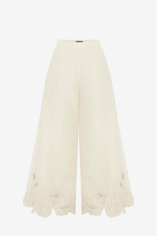 Exclusive LEO LIN Theodora Linen Applique Pants - Vanilla