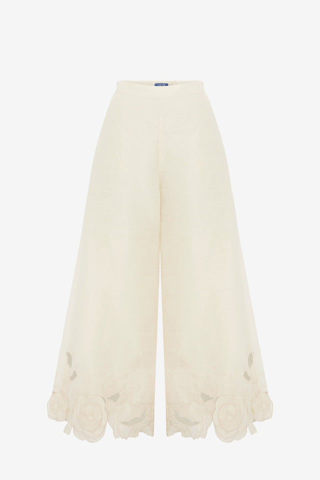 Exclusive LEO LIN Theodora Linen Applique Pants - Vanilla