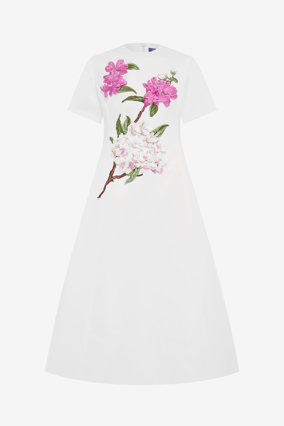 Caroline Appliqué Short Sleeve Midi Dress - Floral Pear Print Dress Midi