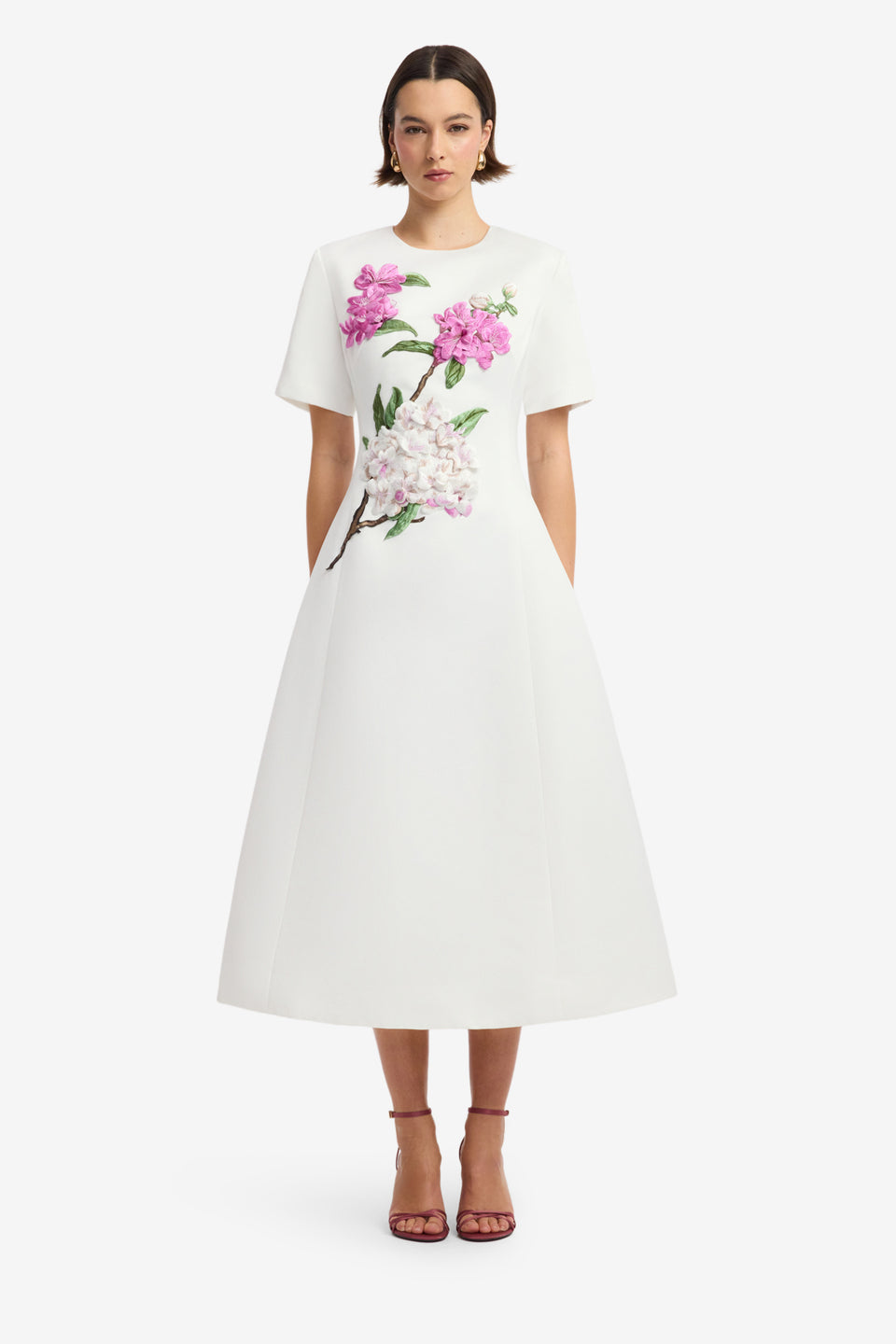 Caroline Appliqué Short Sleeve Midi Dress - Floral Pear Print Dress Midi