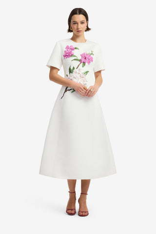 Caroline Appliqué Short Sleeve Midi Dress - Floral Pear Print Dress Midi