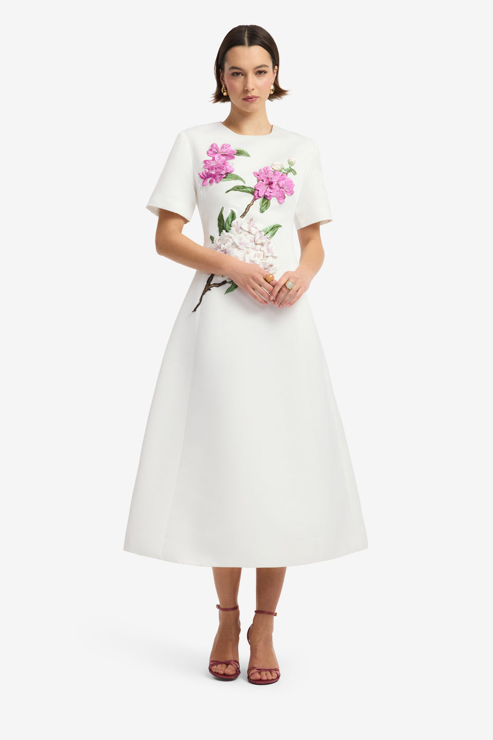 Caroline Appliqué Short Sleeve Midi Dress - Floral Pear Print Dress Midi