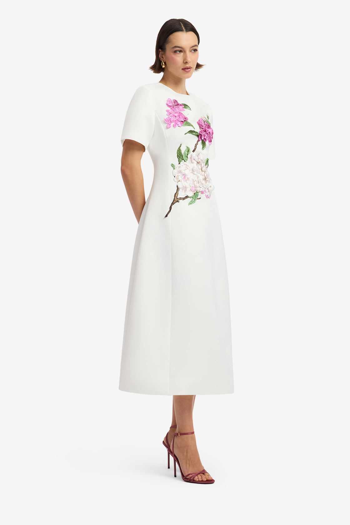 Caroline Appliqué Short Sleeve Midi Dress - Floral Pear Print Dress Midi