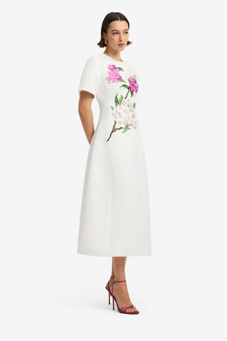 Caroline Appliqué Short Sleeve Midi Dress - Floral Pear Print Dress Midi