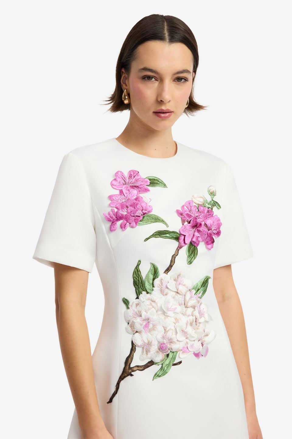 Caroline Appliqué Short Sleeve Midi Dress - Floral Pear Print Dress Midi