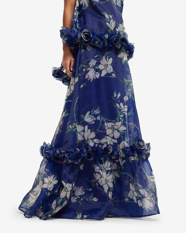 Exclusive LEO LIN Paige Ruffled Maxi Skirt - Midnight Magnolia Print