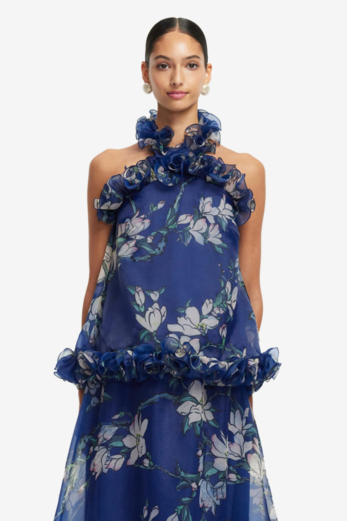 Exclusive LEO LIN Michelle Ruffled Halterneck Top - Midnight Magnolia Print