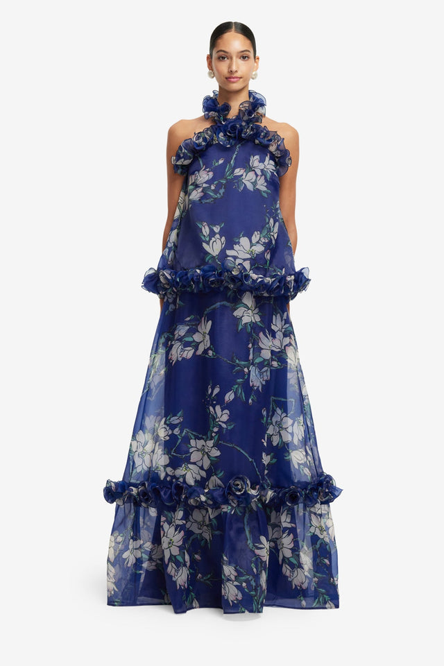 Exclusive LEO LIN Paige Ruffled Maxi Skirt - Midnight Magnolia Print