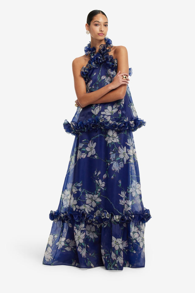 Exclusive LEO LIN Paige Ruffled Maxi Skirt - Midnight Magnolia Print