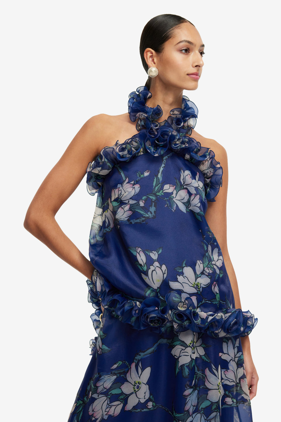 Exclusive LEO LIN Michelle Ruffled Halterneck Top - Midnight Magnolia Print