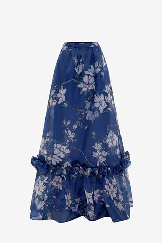 Exclusive LEO LIN Paige Ruffled Maxi Skirt - Midnight Magnolia Print