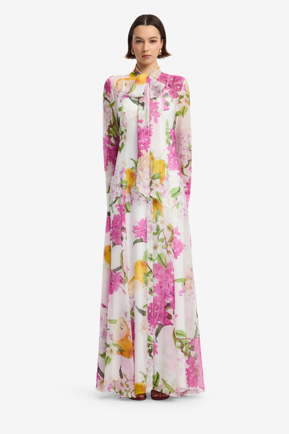 Lilith Tie Neck Maxi Dress - Floral Pear Print Dress Maxi