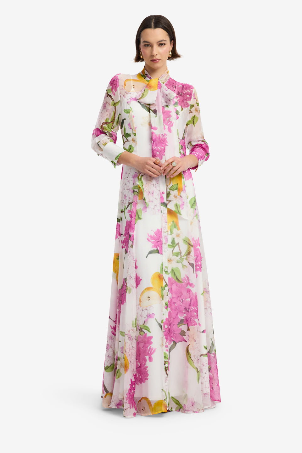 Lilith Tie Neck Maxi Dress - Floral Pear Print Dress Maxi