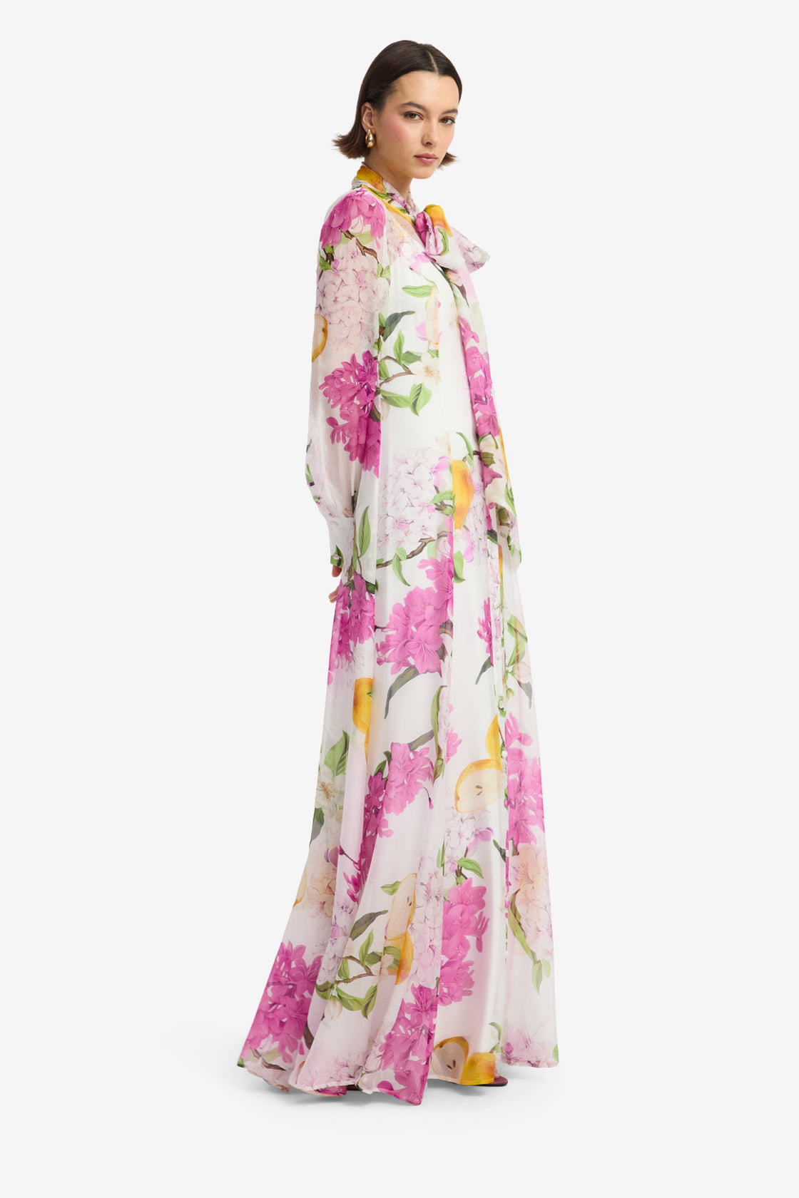 Lilith Tie Neck Maxi Dress - Floral Pear Print Dress Maxi
