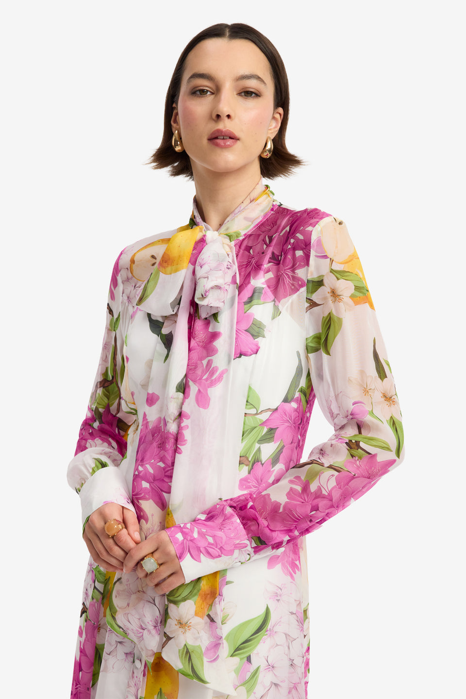Lilith Tie Neck Maxi Dress - Floral Pear Print Dress Maxi