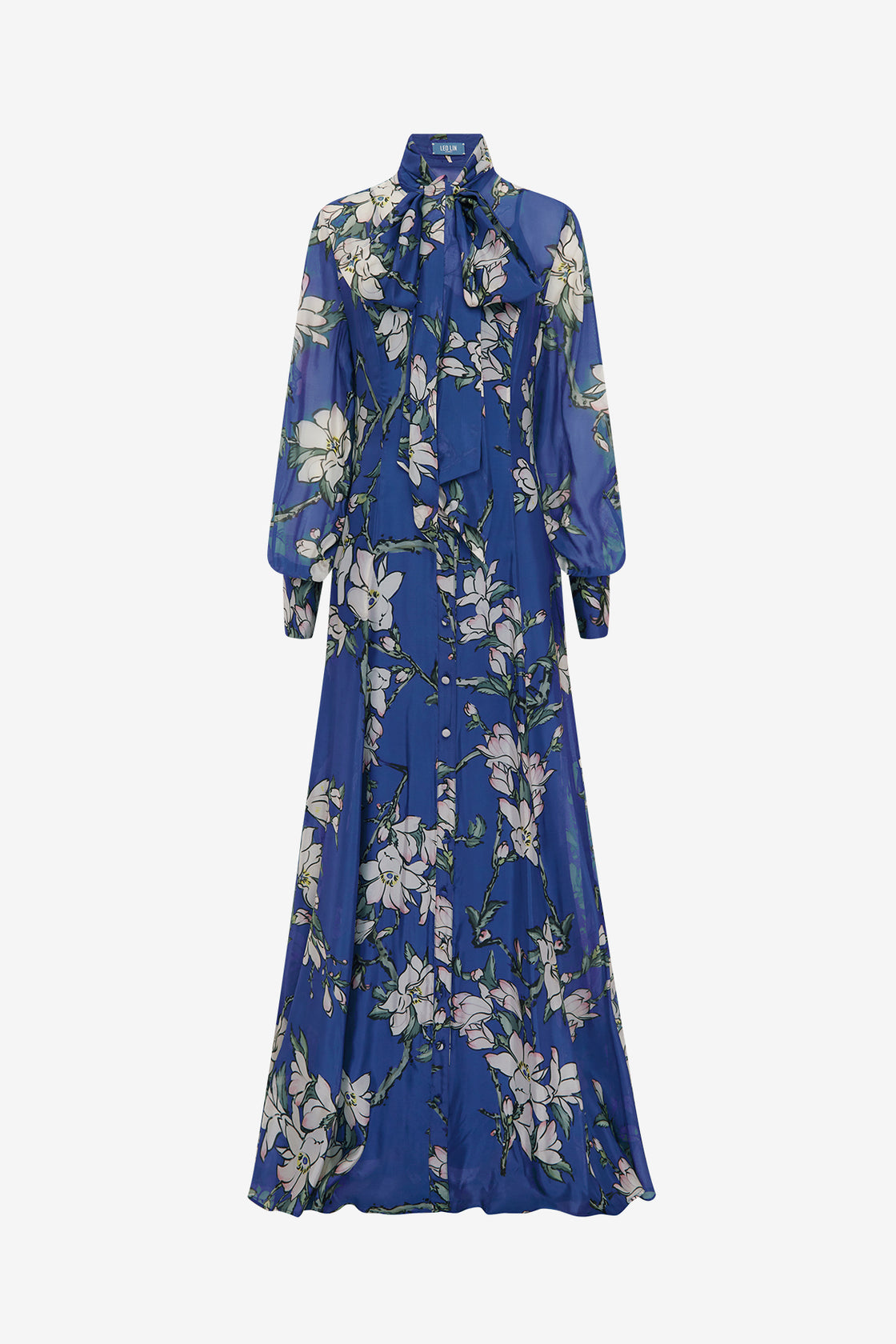 Exclusive LEO LIN Lilith Tie Neck Maxi Dress - Midnight Magnolia Print